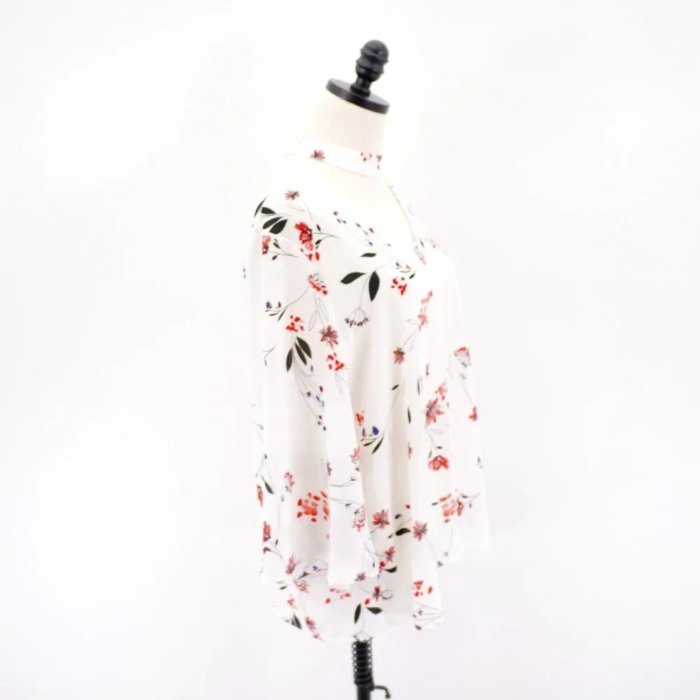 A.N.A. XL Sheer V-Neck W/ Choker White Black Red Sheer Floral Blouse Top Long Sl
